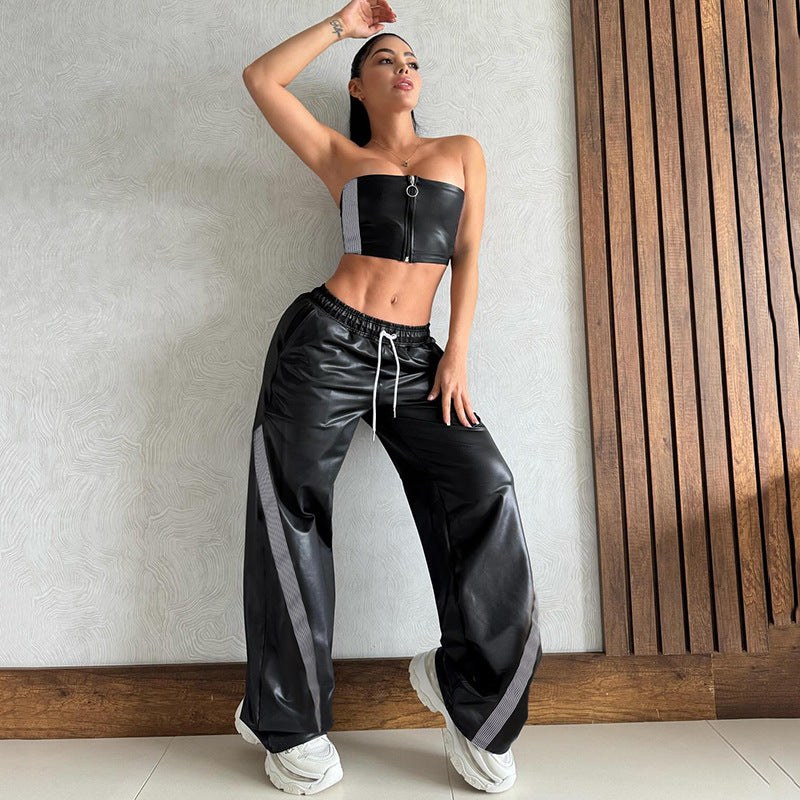 Damen nan weite Kunstleder-Trackpants mit elastischem Bund, Tunnelzug und seitlichen Streifen EB