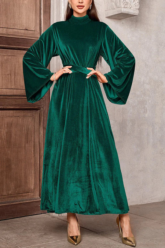 Damen Maxikleid aus Samt mit Stehkragen, weitem Glockenärmel und Taillengürtel EB