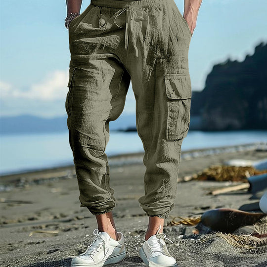 Herren nan lässige Cargohose im Joggerstil mit Crinkle-Leinenoptik Kordelbund und Mehrfachtaschen EB