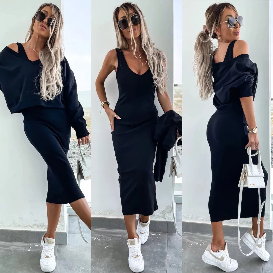 Damen weiches geripptes Lounge-Set mit Oversize-Viskoseshirt und High-Waist Schlaghose EB