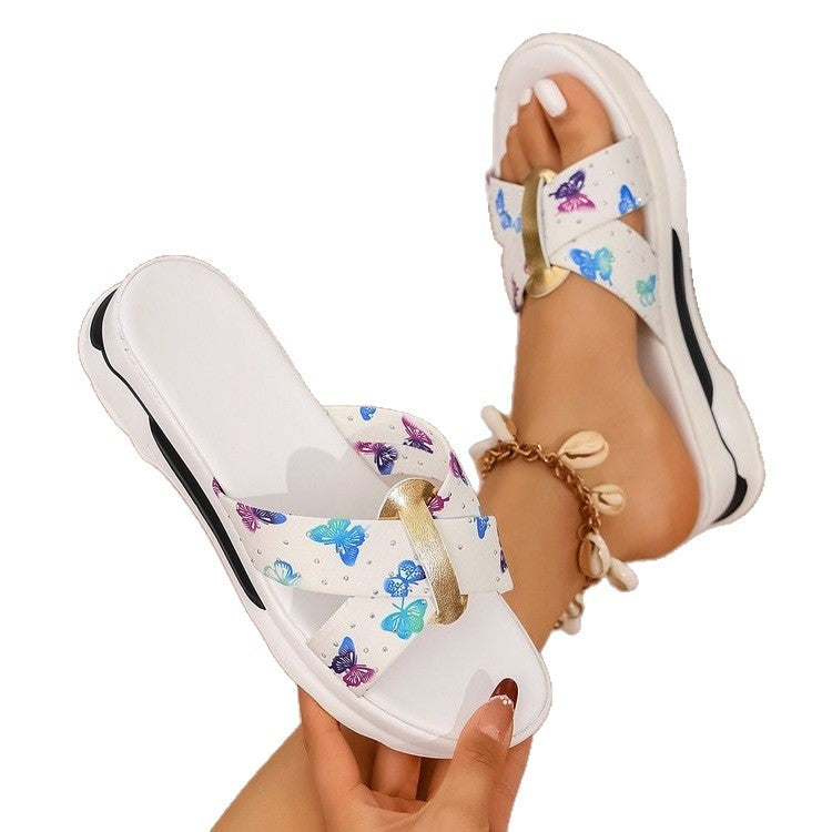 Damen modische Zehentrenner-Sandalen mit floralem Design und eleganter Schnallen-Applikation EB