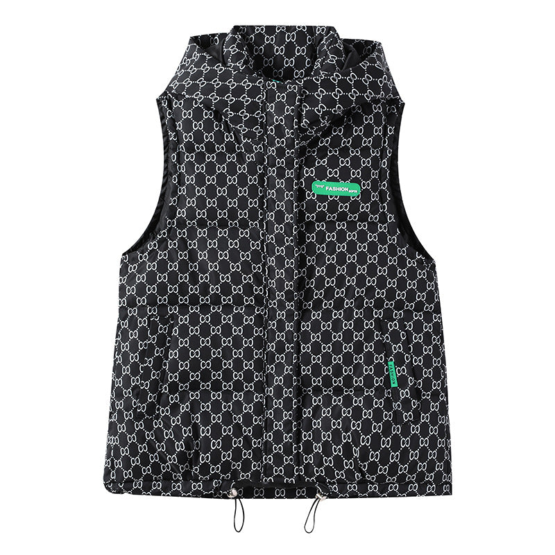 Damen nan gesteppte Kapuzenweste mit Allover‑Logoprint, wattierter Isolierung, verstellbarem Saum und verdeckten Reißverschlusstaschen EB