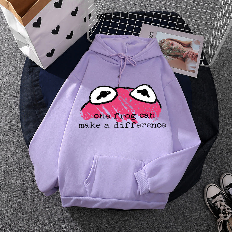 Damen nan relaxed-fit Kapuzenpullover mit gestempelter Froschgrafik, Kängurutasche und Kordelzug EB