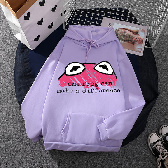 Damen nan relaxed-fit Kapuzenpullover mit gestempelter Froschgrafik, Kängurutasche und Kordelzug EB