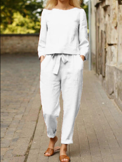 Damen Lässiges Leinen-Loungewear-Set mit Rundhalsausschnitt, Bindegürtel und knöchellanger Hose EB