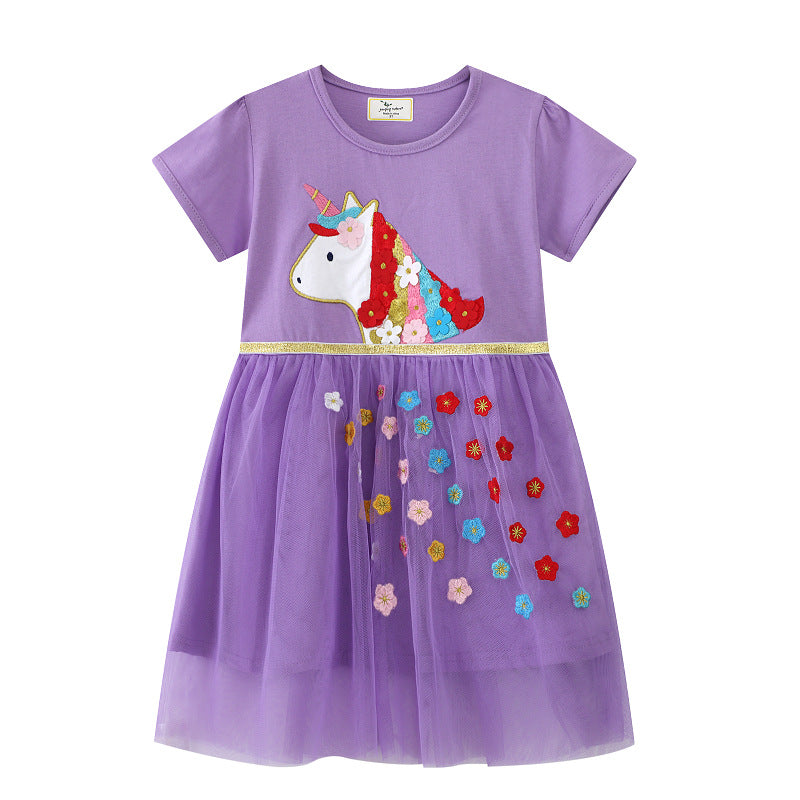 Mädchen Tüllkleid mit bunten Einhorn- und Blumenapplikationen EB