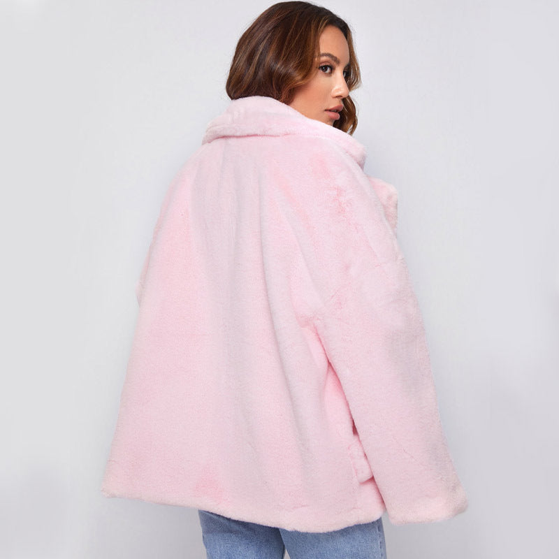 Damen Flauschige und stylische Freizeitjacke mit tiefem Reverskragen EB