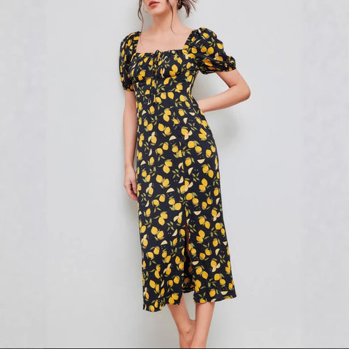 Damen Maxikleid mit pflanzlichem Muster und raffiniertem Schlitz EB