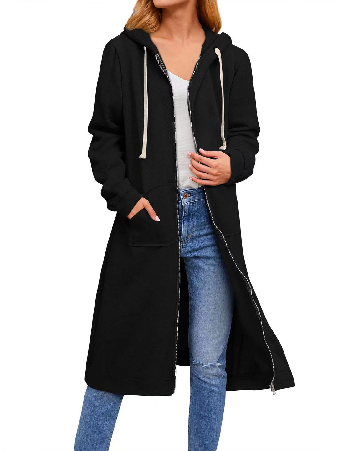 Damen Long Hoodie-Jacke aus bequemen Sweatmaterial mit Taschen EB