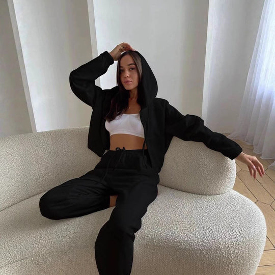 Damen kurzes Reißverschluss-Hoodie mit elastischem Bund und High-Waist Jogginghose aus Baumwollmix EB