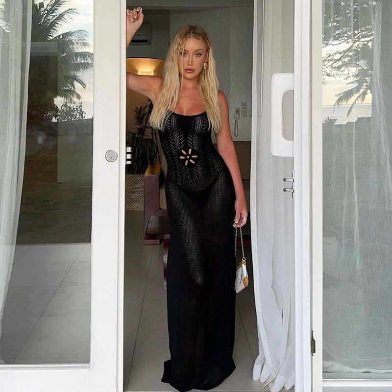 Damen Langes Häkelkleid mit verführerischem Rückenausschnitt EB