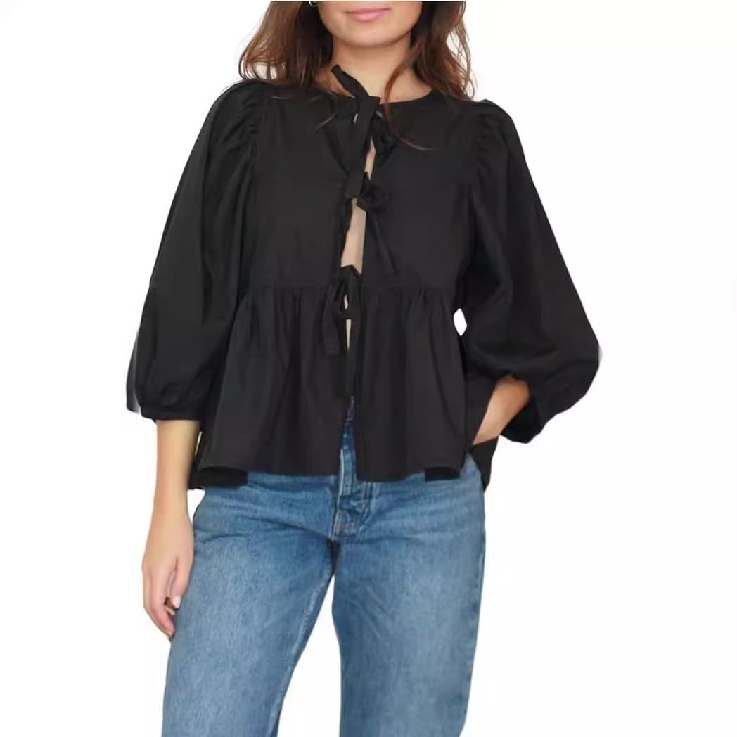 Damen elegante Bluse mit Rüschendetails und Bindeband EB