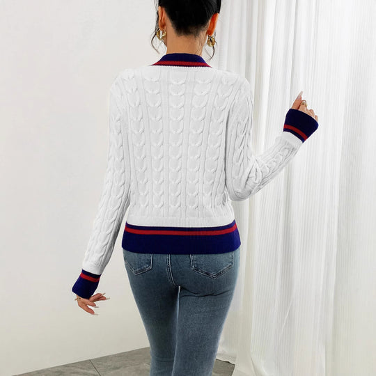 Damen modische Strickjacke mit strukturiertem Zopfdesign und Kontrastbündchen EB
