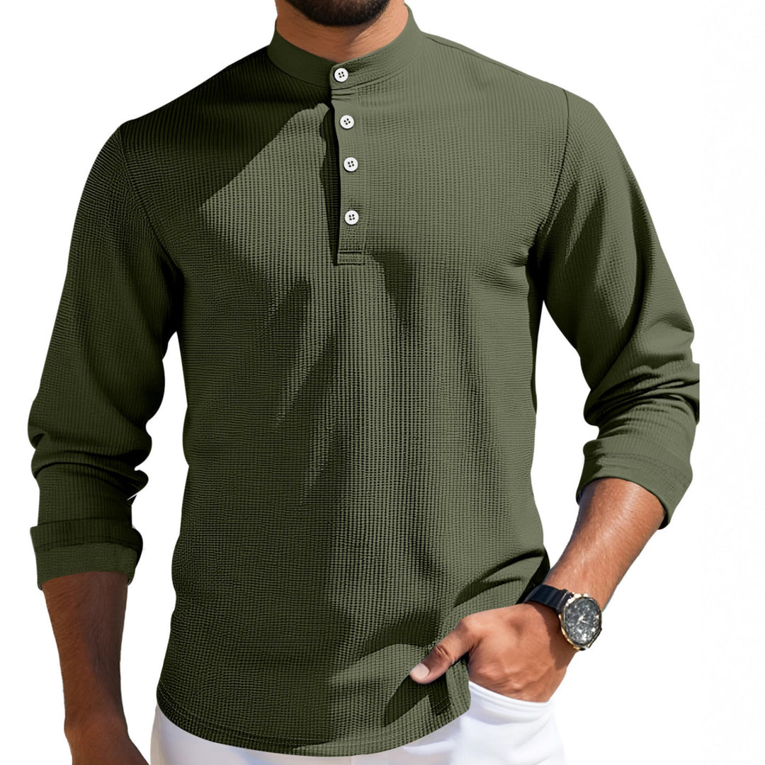 Herren nan strukturiertes Langarm-Henley mit Nehru-Kragen und Ton-in-Ton-Knopfleiste EB