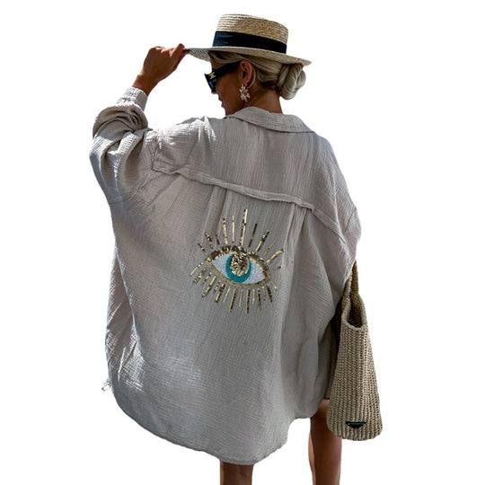 Damen luftige Strandbluse mit glänzendem Eye-Design EB