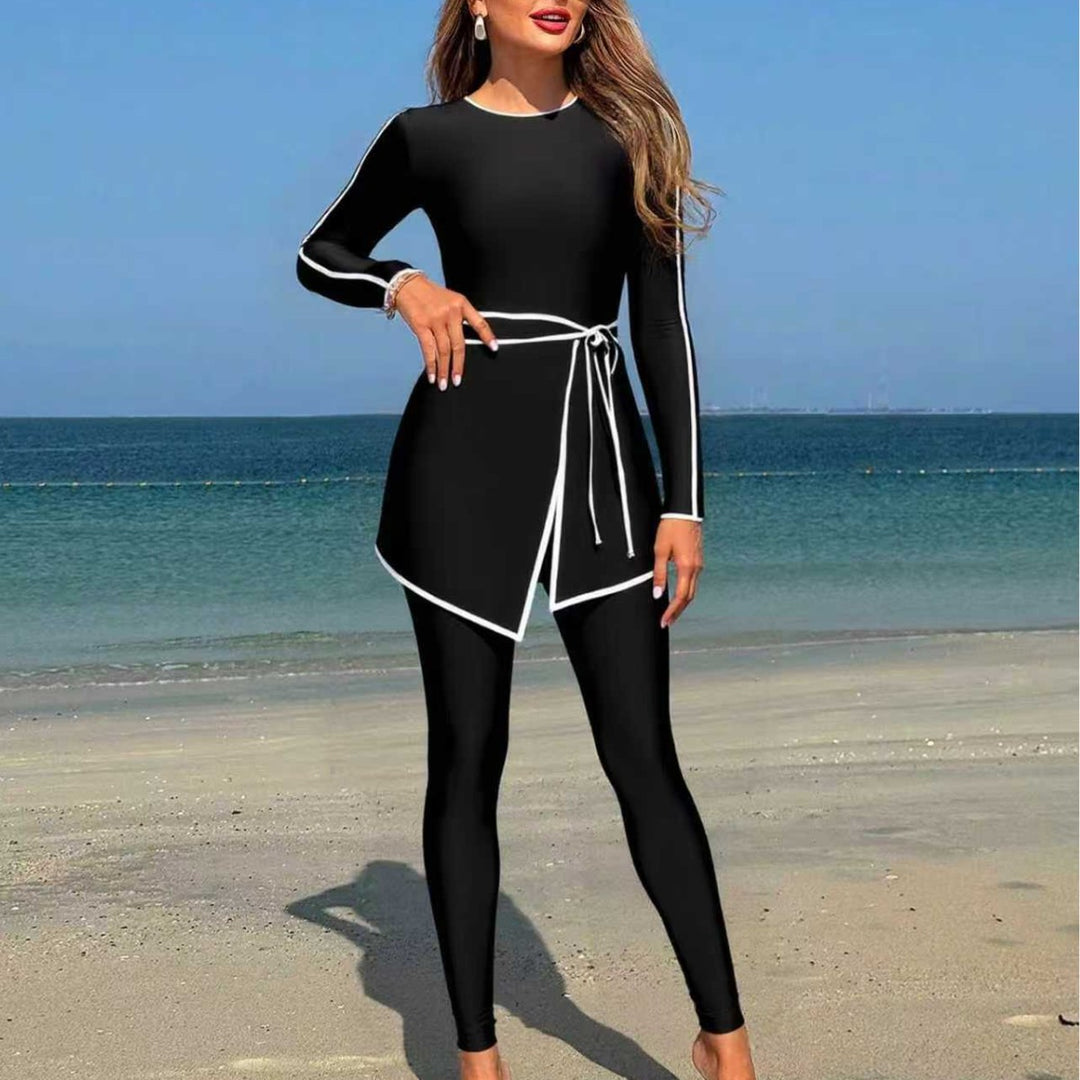 Damen modischer Langarm-Schwimmanzug mit Wickelrock EB