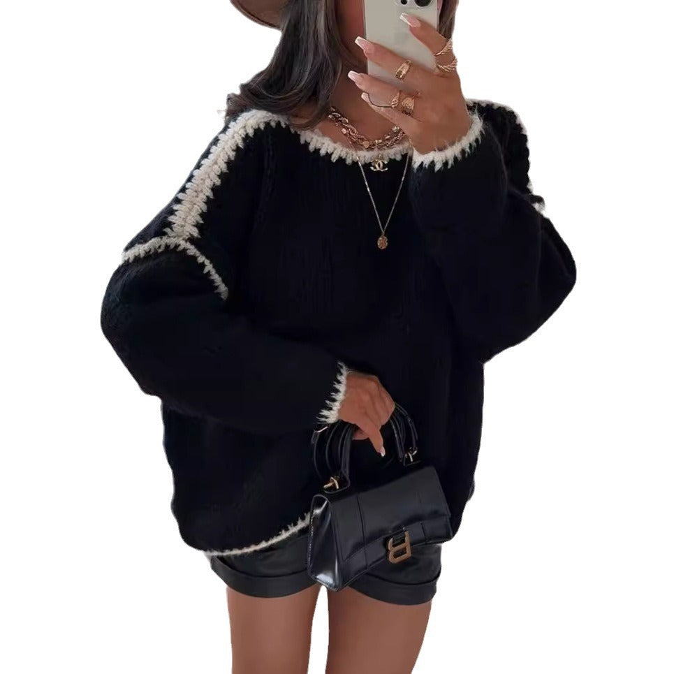 Damen Grobstrickpullover mit kontrastierendem Abschluss und lockerem Schnitt EB