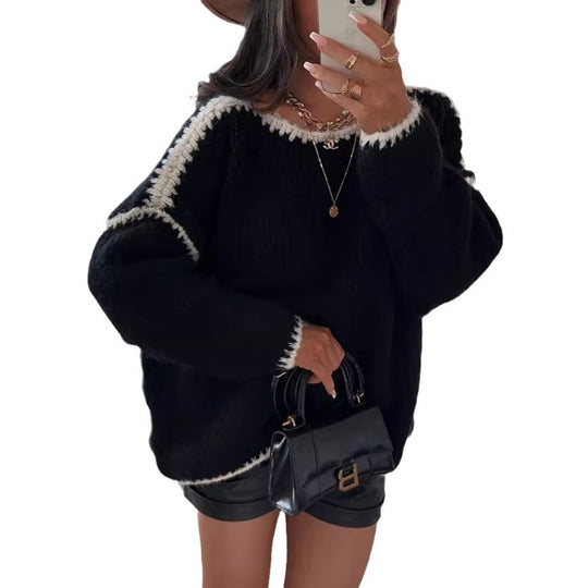 Damen Grobstrickpullover mit kontrastierendem Abschluss und lockerem Schnitt EB