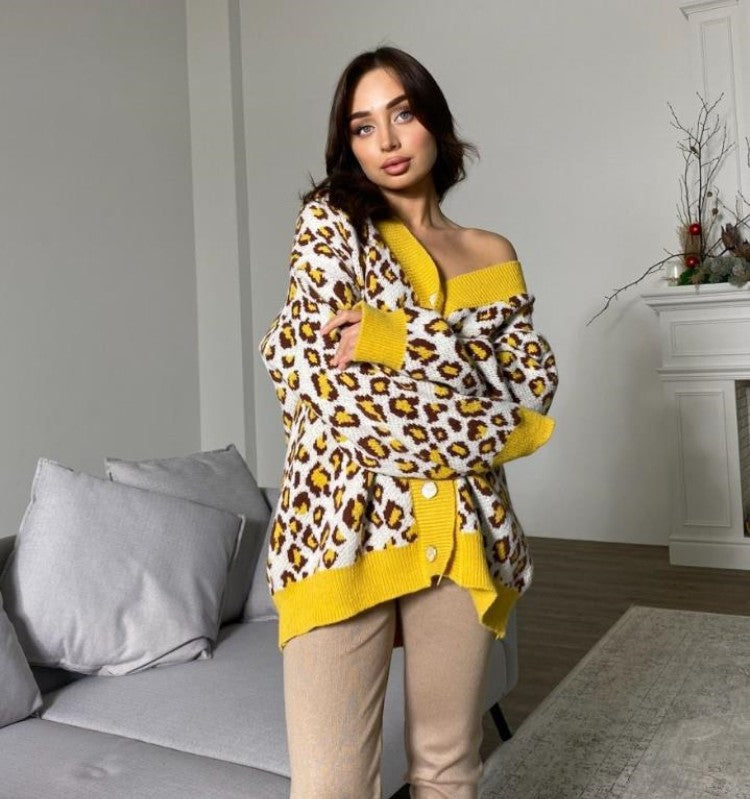 Damen Off-Shoulder Strickpullover im trendigen Leopardenmuster EB