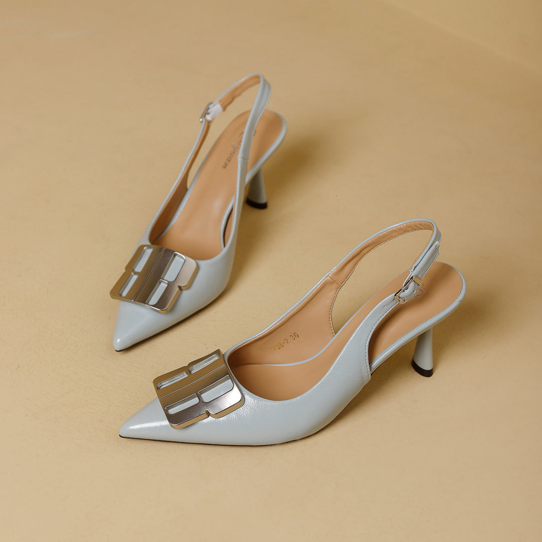 Damen Slingback-Mules mit eleganter Spitzenform und glänzender Schnallenapplikation EB