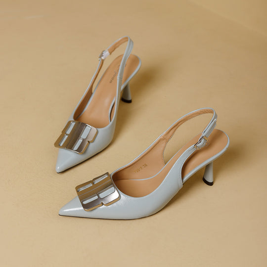 Damen Slingback-Mules mit eleganter Spitzenform und glänzender Schnallenapplikation EB