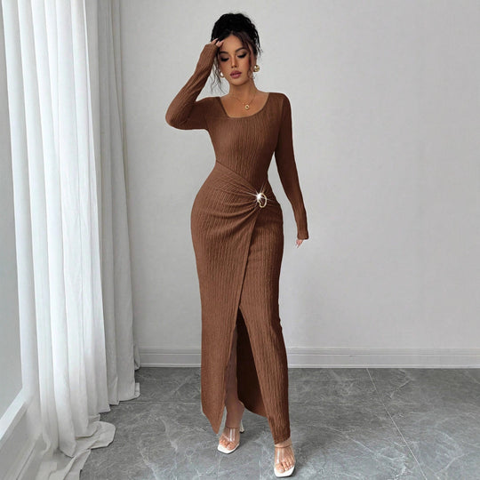 Damen nan figurbetontes Maxikleid aus geripptem Strick mit Wickeldetail und Schlitz EB