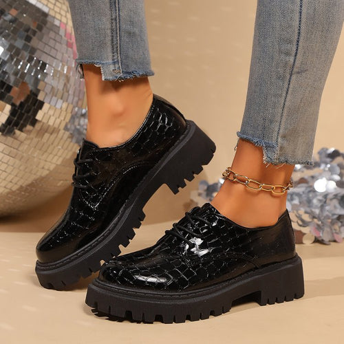 Damen Schnürschuhe im modischen Krokodilleder-Look mit robustem Profilsohle EB