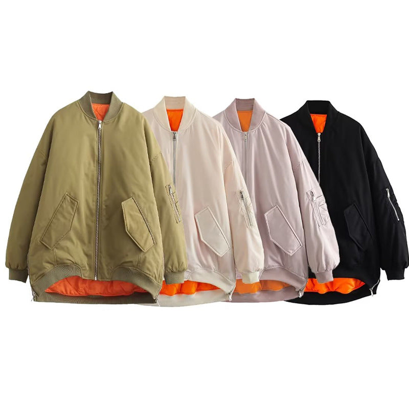 Damen modische Oversized Bomberjacke mit funktionalen Taschen und sportlichem Design EB