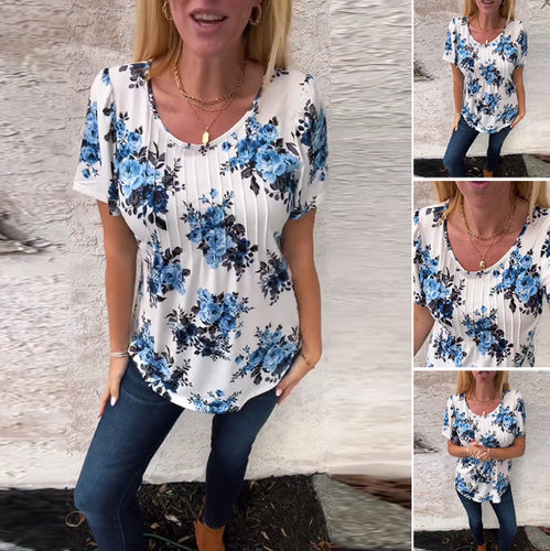 Damen nan Kurzarmbluse mit Kellerfalten, Rundhalsausschnitt und floralem Allover-Print EB