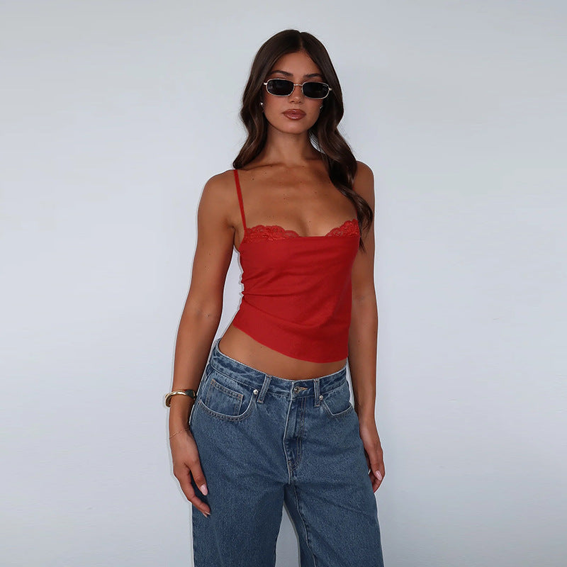 Damen elegantes Spaghetti-Top mit feinem Spitzenbesatz EB