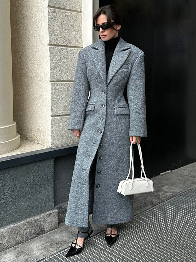 Damen eleganter Wollmantel mit strukturiertem Design und praktischen Taschen EB