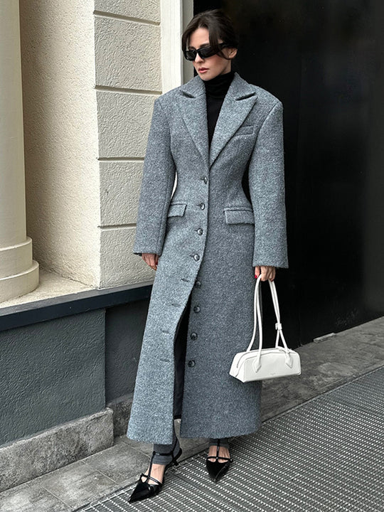 Damen eleganter Wollmantel mit strukturiertem Design und praktischen Taschen EB