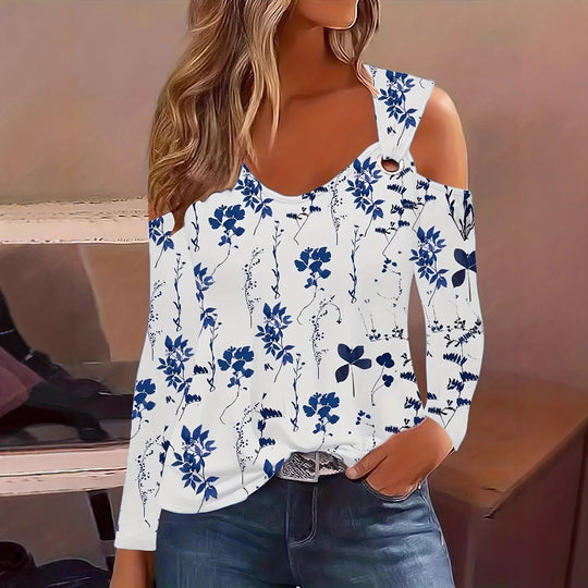 Damen Elegantes Langarmshirt mit kühlem Schulterdesign und floralem Druck EB
