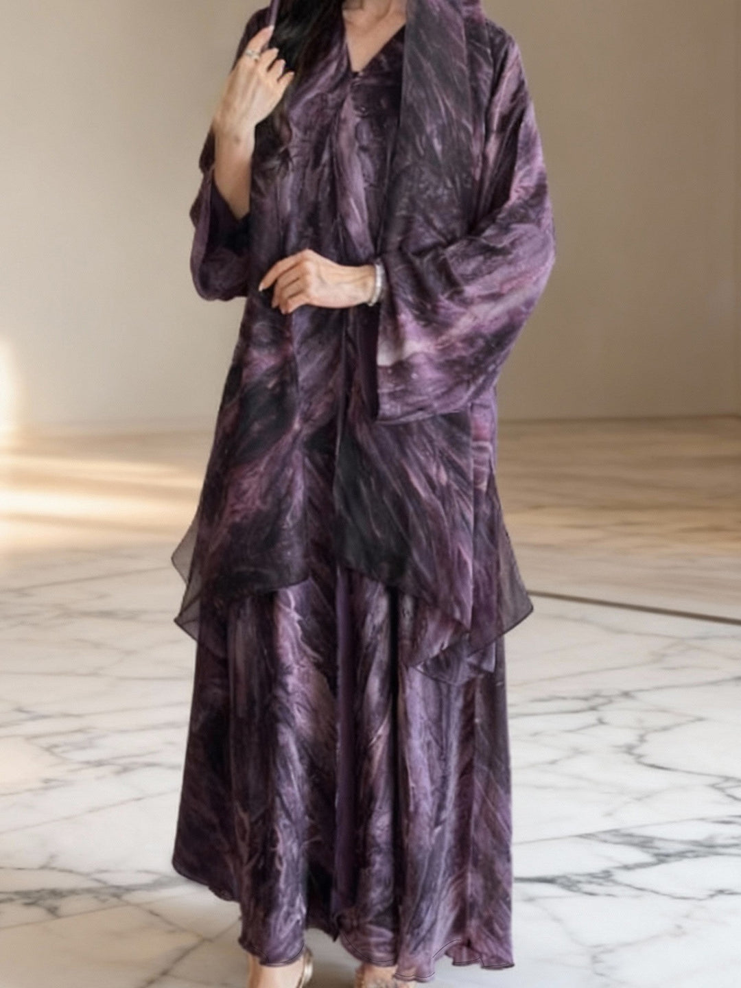 Damen nan langes fließendes Kapuzenkaftan Kleid mit weitem Arm und mehrlagigem Chiffon EB