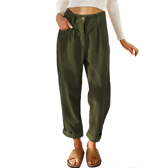Damen nan weiche weite Cordhose mit hoher Taille, Bundfalten und umgeschlagenem Saum EB