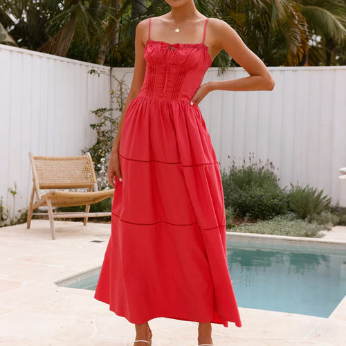 Damen Maxi-Kleid mit gerafftem Oberteil und verstellbaren Trägern EB
