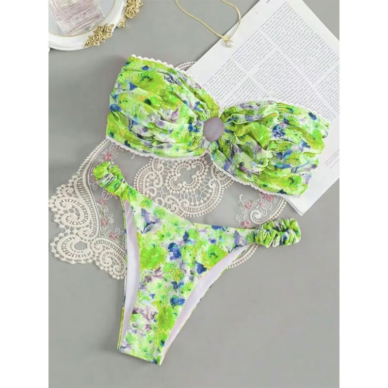 Damen Bandeau-Bikini mit romantischem Rüschendesign und verführerischem Blumenmuster EB