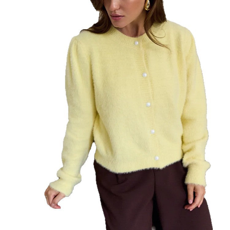Damen Flauschiger Cardigan mit dekorativen Knöpfen und eleganter Passform EB