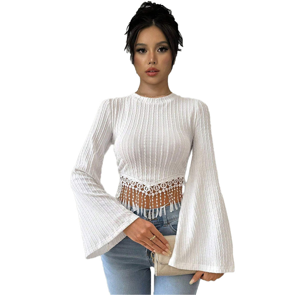 Damen gehäkeltes Spitzen-Crop-Top mit ausgestellten Trompetenärmeln und Häkelfransen Eichborn Berlin