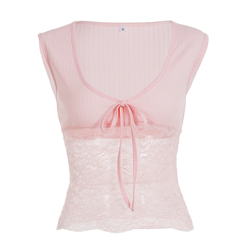 Damen Spitze Crop Top mit Bindeband und ärmellosem Design EB