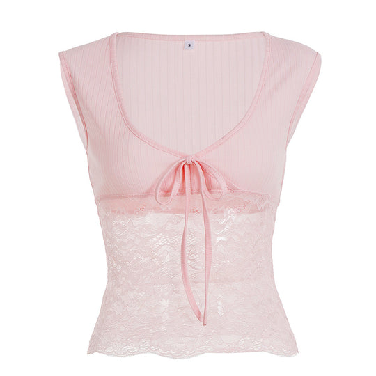 Damen Spitze Crop Top mit Bindeband und ärmellosem Design EB