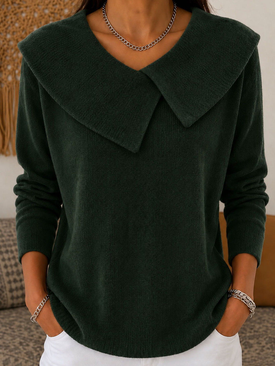 Damen Grobgestrickter Strickpullover mit übergroßem Matrosenkragen EB