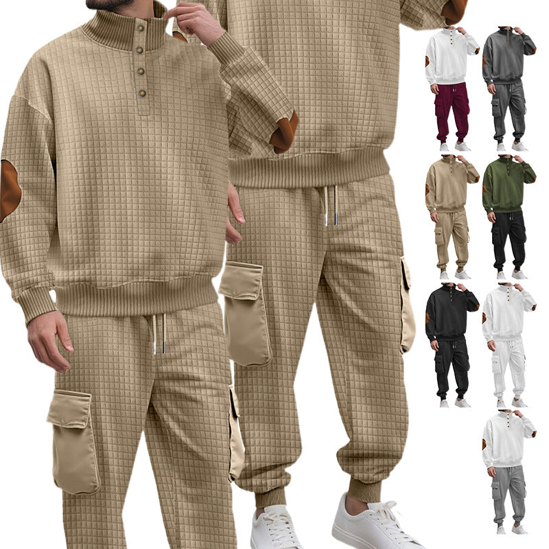 Herren nan Karo-Relief-Sweatset mit Stehkragen-Knopfleiste, Velours-Ellenbogenpatches und Cargo-Jogger EB