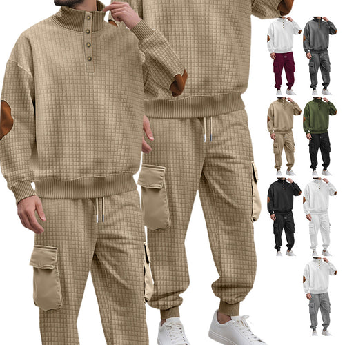Herren nan Karo-Relief-Sweatset mit Stehkragen-Knopfleiste, Velours-Ellenbogenpatches und Cargo-Jogger EB