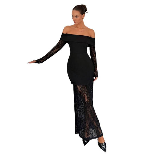 Damen Spitzen Abendkleid mit schulterfreiem Design und langen Ärmeln EB