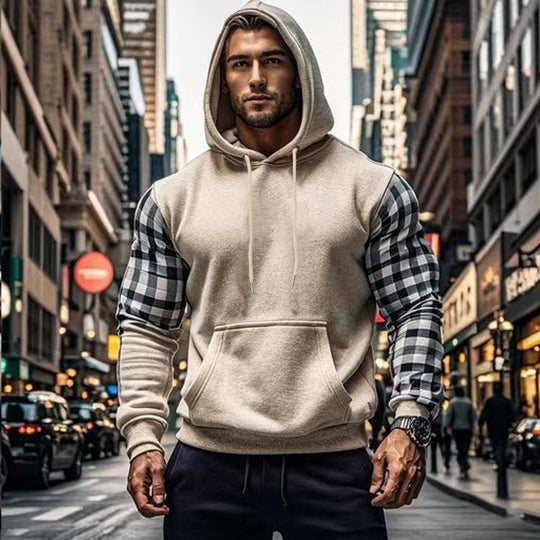 Herren Kapuzenpullover mit modischem Karomuster an den Ärmeln und praktischer Kängurutasche EB