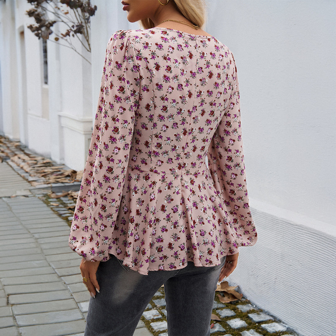 Damen nan taillierte Blumenbluse mit quadratischem Ausschnitt, Raffung und Schößchen-Silhouette EB