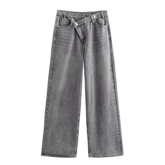 Damen weit geschnittene Jeans mit asymmetrischem Knopfverschluss und hohen Taillen EB