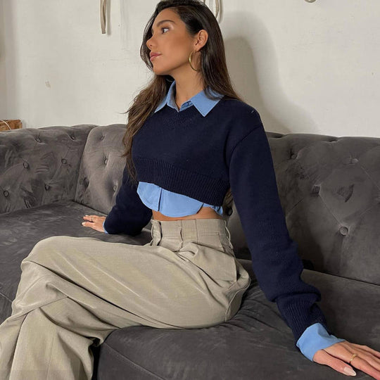 Damen Cropped Pullover mit V-Ausschnitt und langen Ärmeln EB