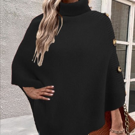 Damen Strick-Poncho mit hohem Kragen und Knopfdetails EB